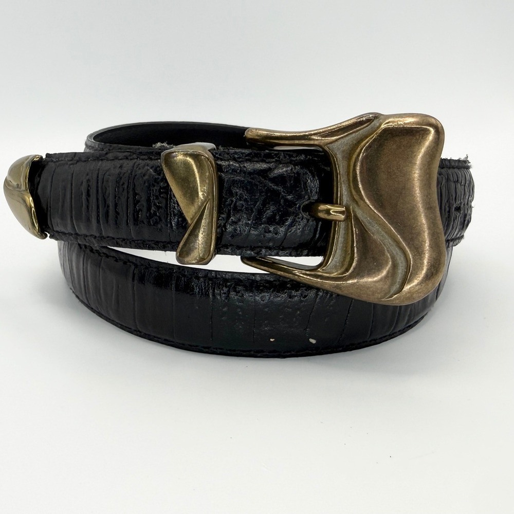 Milos Vintage Italy Blackโ Croc Embossed Leather Art Deco Gold Buckle Belt Small